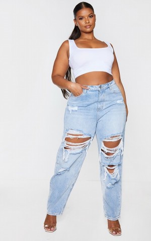 Light Blue / Wash Pretty Little Thing Plus Wash Ripped Mom Jeans | GRQZVEU-46