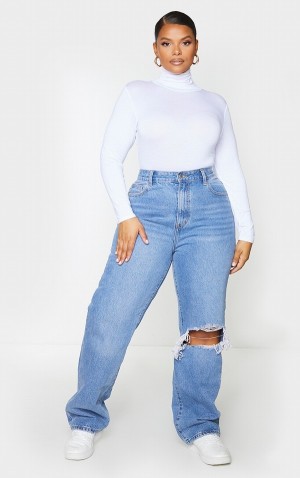 Light Blue / Wash Pretty Little Thing Plus Wash Open Knee Long Leg Straight Leg Jeans | JSNQTAM-83