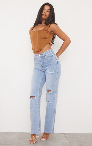 Light Blue / Wash Pretty Little Thing Wash Ripped Long Leg Straight Jeans | LQXUDAM-73