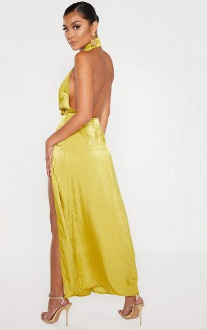 Light Green Pretty Little Thing Lime HammeSatin Halterneck Maxi Dresses | RNQZYEJ-09