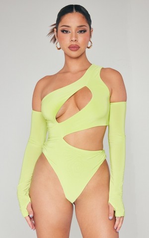 Light Green Pretty Little Thing Lime Slinky Bardot Thumb Hole Cut Out Bodysuits | MKJSVRT-64