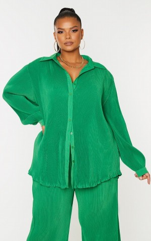 Light Green Pretty Little Thing Plus Bright Plisse Button Front Oversized Shirts | HYQONRL-71