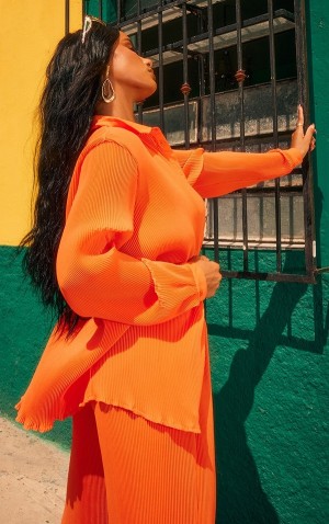 Light Orange Pretty Little Thing Bright Plisse Button Front Oversized Shirts | RNWTXDM-31