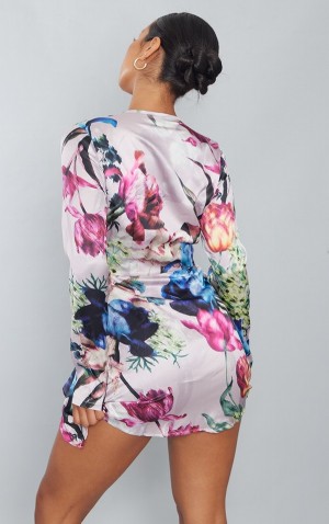 Multicolor Pretty Little Thing Multi Floral Print Silky Long Sleeve Wrap Dresses | YWOBPVK-89