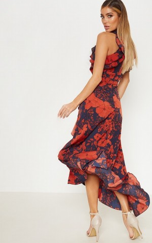 Navy Pretty Little Thing Floral Print Frill Detail Wrap Maxi Dresses | IDBNMSP-28