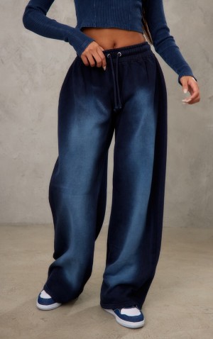 Navy Pretty Little Thing Ombre Washed Effect High Waisted Wide Leg Sweatpants | OMYHBNE-45