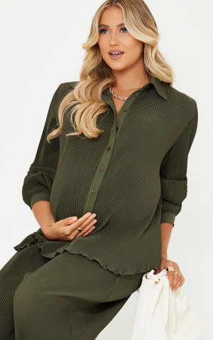 Olive Pretty Little Thing Maternity Plisse Shirts | YSBGUXD-85