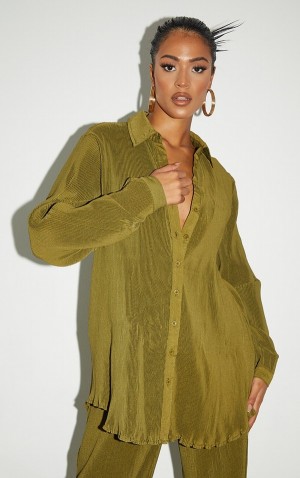 Olive Pretty Little Thing Tall Plisse Oversized Cuff Detail Shirts | EQDHJGK-98