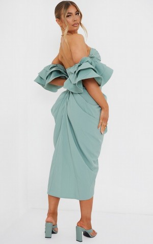 Olive / Green Pretty Little Thing Sage Bardot Frill Sleeve Draped Dresses | MAQPWLZ-58