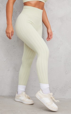 Olive / Green Pretty Little Thing Sage Wide StructuRib High Waisted Leggings | IDXSVUQ-48