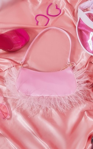 Pink Pretty Little Thing Baby Feather Trim Rounded Satin Shoulder Bags | XJEMNCP-26