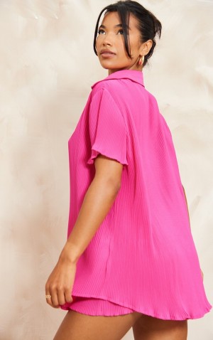 Pink Pretty Little Thing Hot Plisse Button Front Oversized Sleeve Shirts | ZDSYVHQ-76