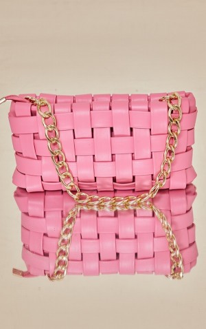 Pink Pretty Little Thing Oversized Weave With Chain Shoulder Bags | HRAVKYO-28