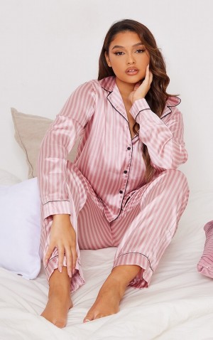 Pink Pretty Little Thing Plus Baby Long Striped Satin PJ Sleepwear | IHZYPAE-31