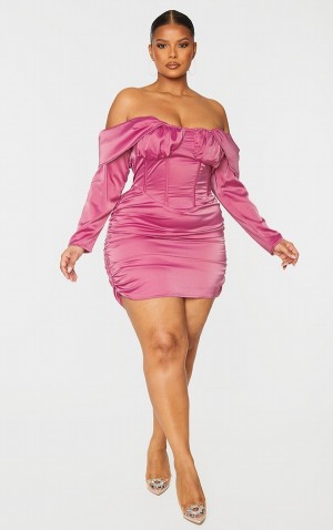 Pink Pretty Little Thing Plus Satin Drape Bardot Sleeve Ruched Back Bodycon Dresses | HKUOZJM-10