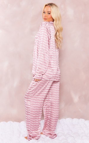 Pink Pretty Little Thing Satin Printed Piping Long Sleepwear | KCRXDTA-50