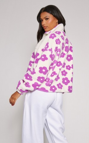 Purple Pretty Little Thing Flower Print Teddy Jackets | XQRBVPA-90