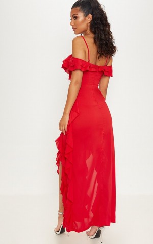 Red Pretty Little Thing Cold Shoulder Ruffle Detail Maxi Dresses | EZSQKWO-36