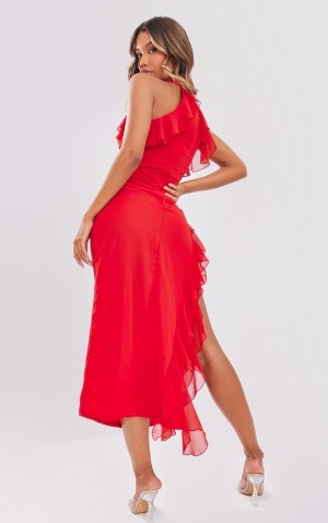 Red Pretty Little Thing High Neck Frill Split Hem Midaxi Dresses | BPGSXRK-53