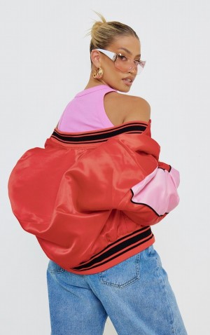 Red Pretty Little Thing LA Graphic Front Contrast Satin Bomber Jackets | CHOJPYL-14