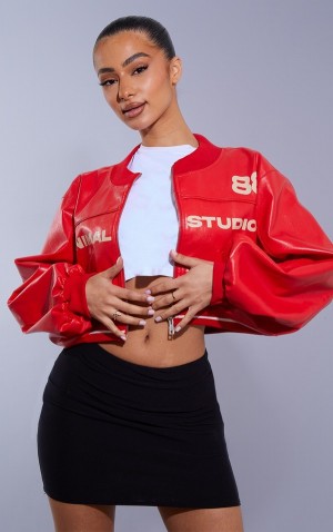 Red Pretty Little Thing Petite Super Cropped Pu Racer Jackets | EPZFMLA-53