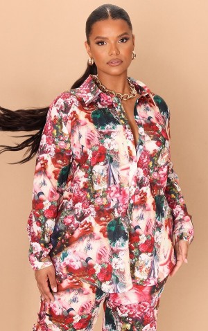 Rose Pretty Little Thing Plus Femme Renaissance Print Oversized Shirts | VIHZEDF-84