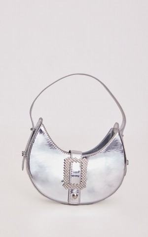 Silver Pretty Little Thing Metallic Curved Diamante Buckle Shoulder Bags | QWFELCD-75