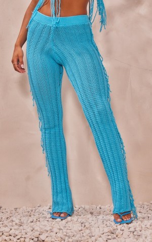 Turquoise Pretty Little Thing Turquoise Tassel Crochet Wide Leg Skirts | IQXYALU-43