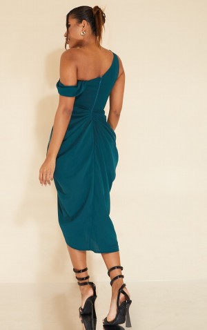 Turquoise / Green Pretty Little Thing Emerald Chiffon Asymmetric Strap Draped Dresses | MUQOTRP-05