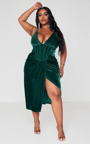 Turquoise / Green Pretty Little Thing Plus Emerald Velvet Plunge Corset Bodycon Dresses | WZPGARO-83