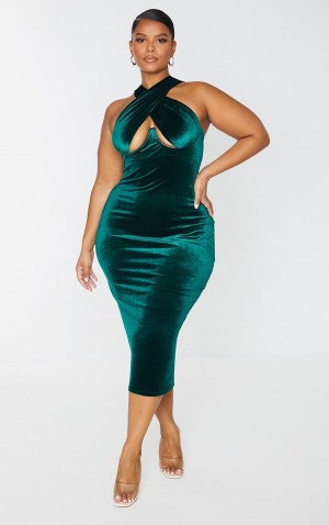 Turquoise / Green Pretty Little Thing Plus Emerald Velvet UnderwiCross Front Dresses | FSEJWLZ-14