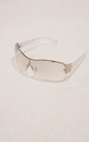 White Pretty Little Thing Diamante Detail Curved Visor Sunglasses | MCGOHEF-69