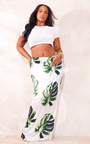 White Pretty Little Thing Plus Palm Leaf Printed Satin Low Rise Maxi Skirts | WRKBTJD-80