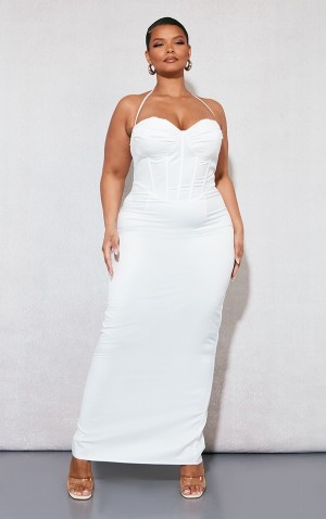 White Pretty Little Thing Plus Tie Neck Corset Maxi Dresses | YLPCNTM-80