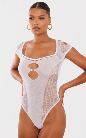 White Pretty Little Thing Sheer Knit Cut Out Panelled Bodysuits | KHTIYSU-50