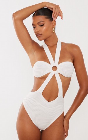 White Pretty Little Thing Tie Details Knitted Bodysuits | KDXBQZH-73