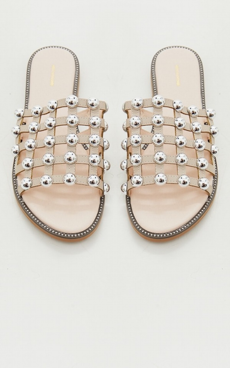 Beige Pretty Little Thing Alisa Nude Large Studded Slides | BFYNMVT-80