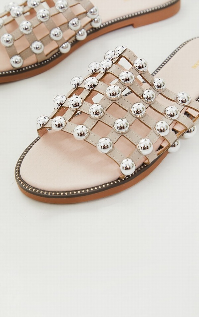 Beige Pretty Little Thing Alisa Nude Large Studded Slides | BFYNMVT-80