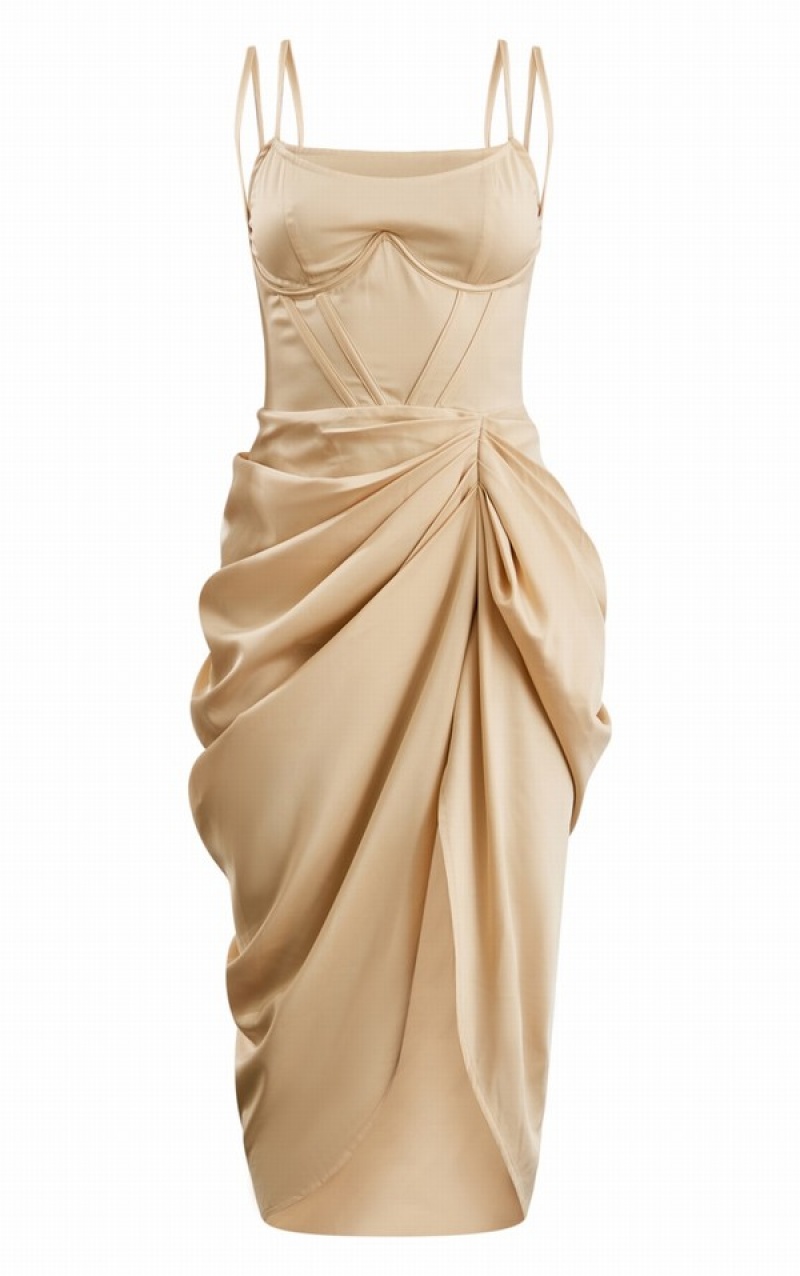 Beige Pretty Little Thing Champagne Satin UnderwiDraped Dresses | CTDORZN-10