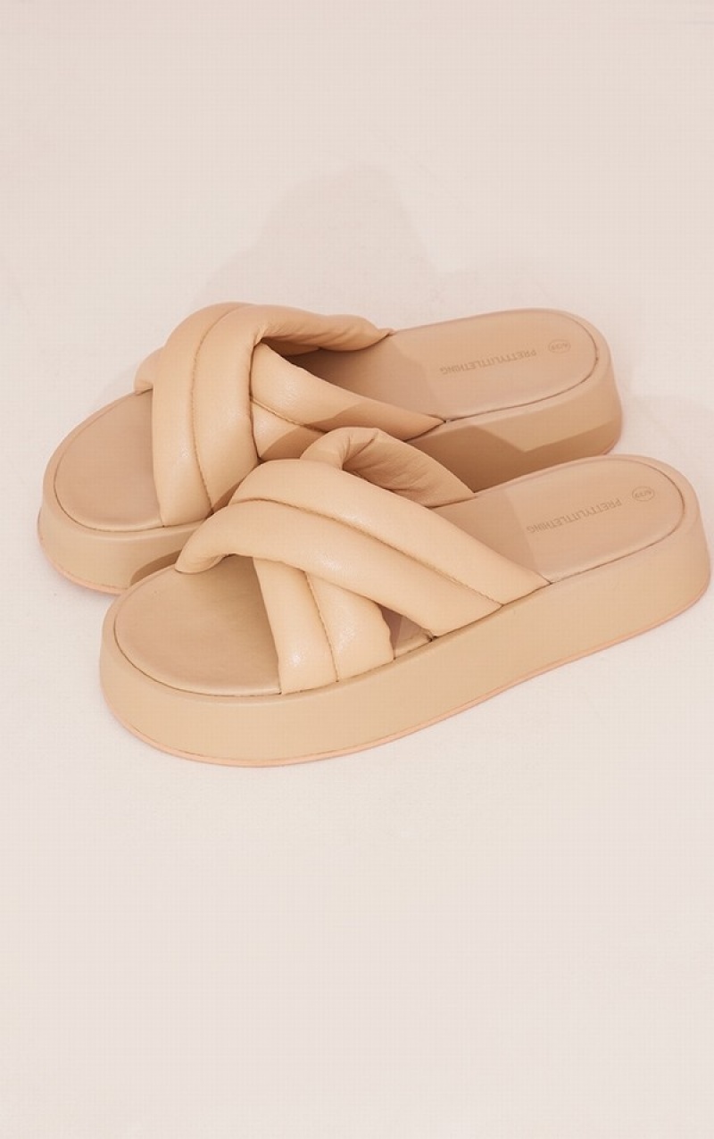 Beige Pretty Little Thing Chunky Padded Cross Straps Sandals | UNWPEIR-18