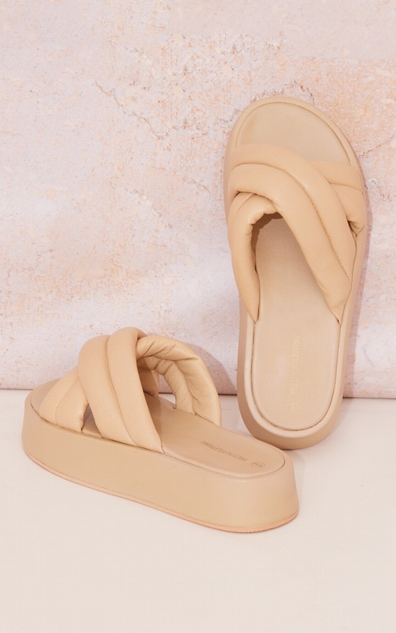 Beige Pretty Little Thing Chunky Padded Cross Straps Sandals | UNWPEIR-18