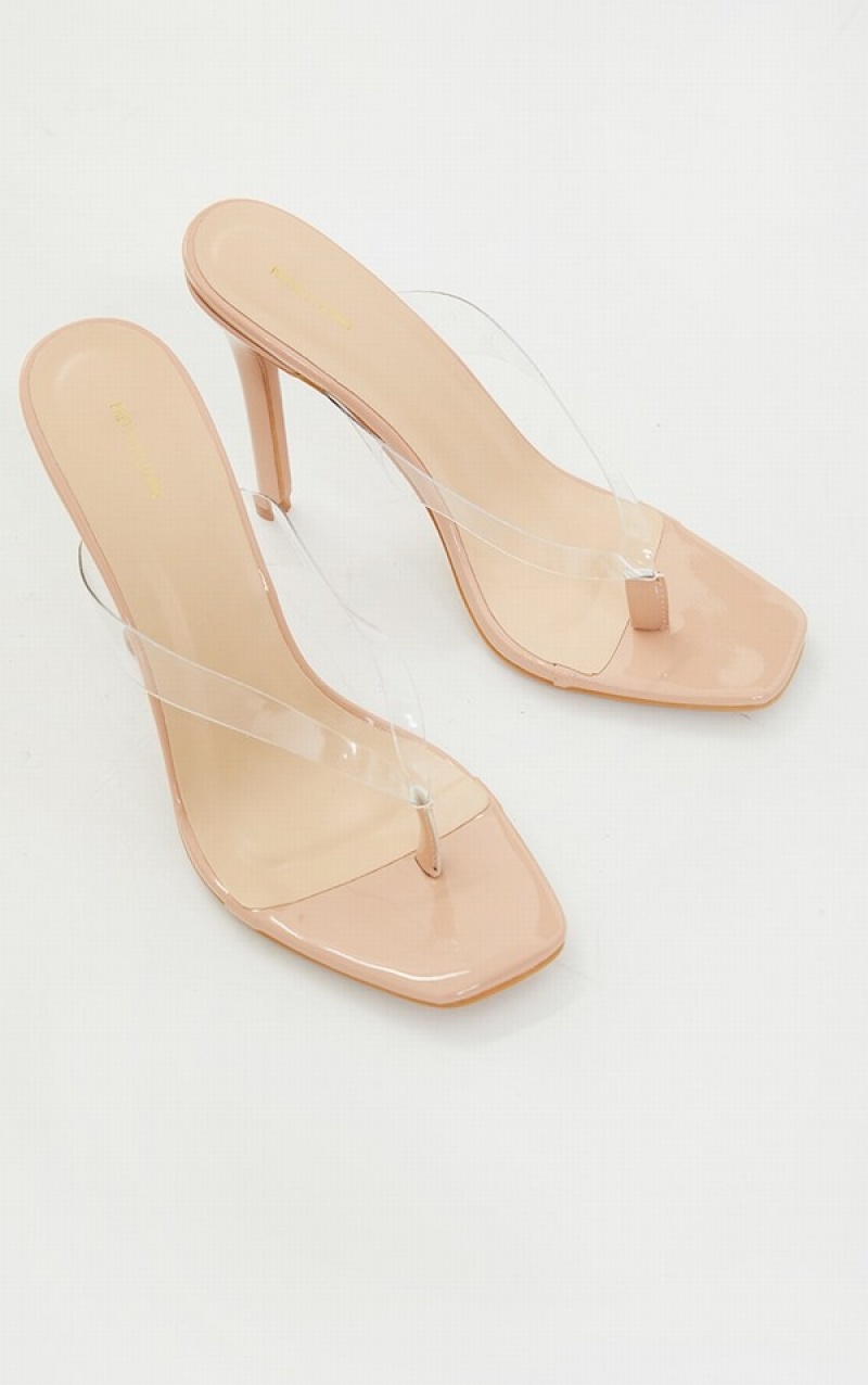 Beige Pretty Little Thing Clear Toe Square Toe Heels | XRVKSPD-17