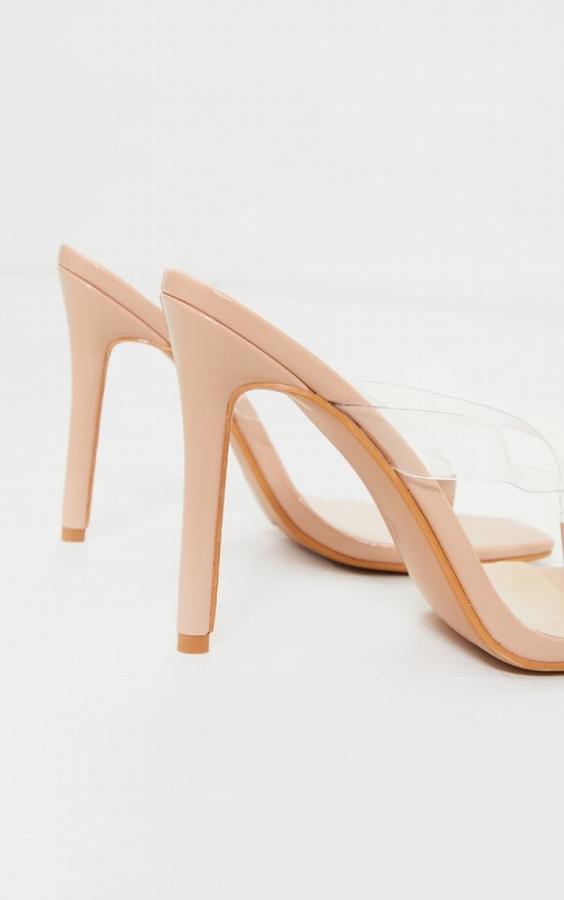 Beige Pretty Little Thing Clear Toe Square Toe Heels | XRVKSPD-17