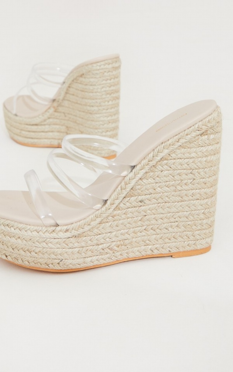 Beige Pretty Little Thing Clear Triple Strap Raffia Wedges Heels | ZXCRGVW-90