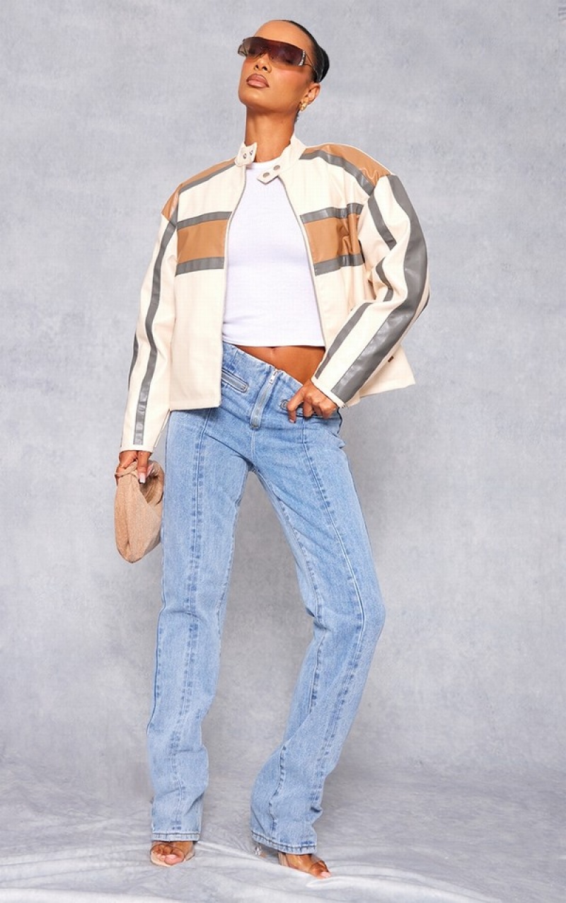 Beige Pretty Little Thing Contrast Stripe Detail Faux Leather Racer Jackets | GXLMIWB-43