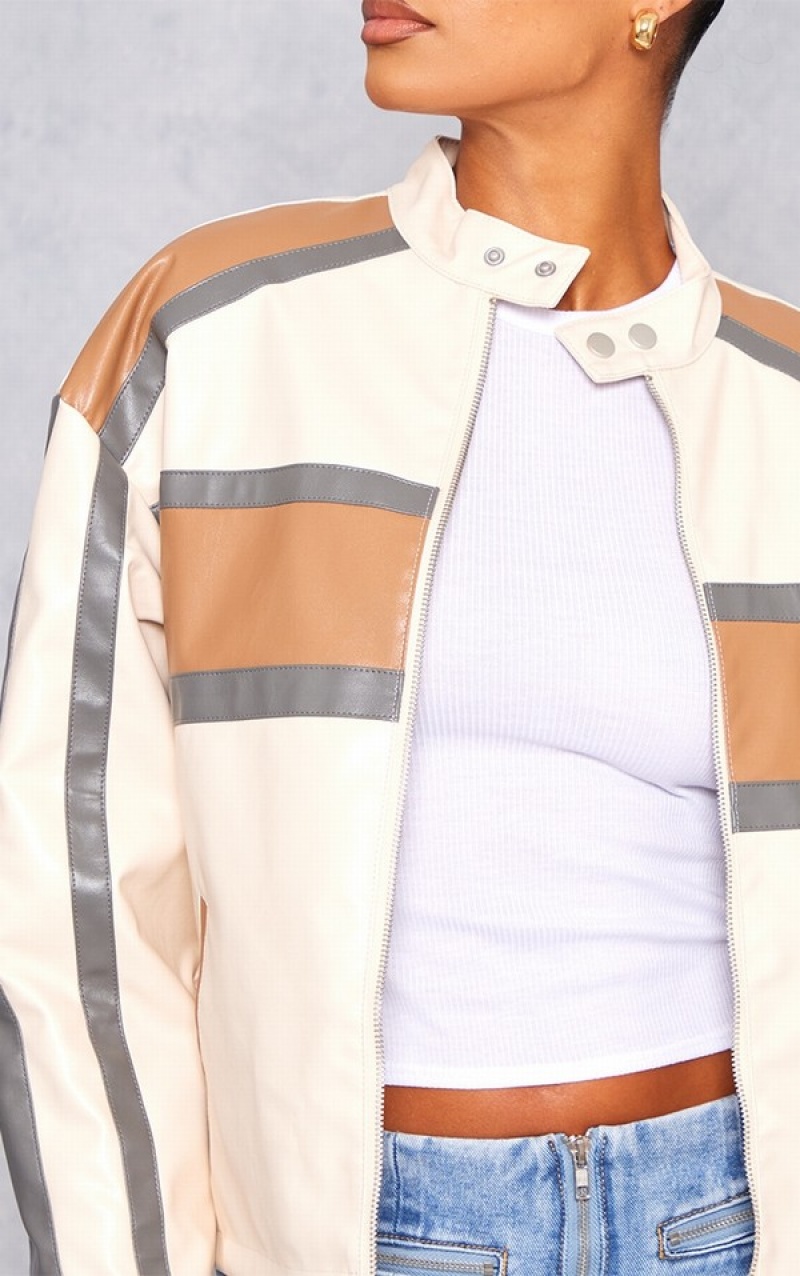 Beige Pretty Little Thing Contrast Stripe Detail Faux Leather Racer Jackets | GXLMIWB-43