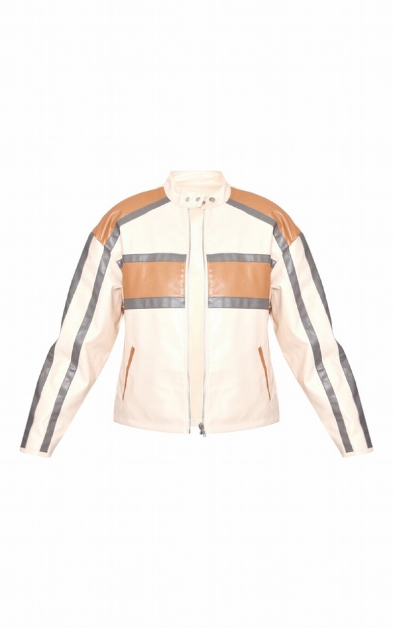 Beige Pretty Little Thing Contrast Stripe Detail Faux Leather Racer Jackets | GXLMIWB-43