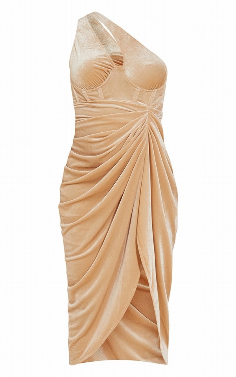 Beige Pretty Little Thing Maternity Nude Velvet Asymmetric Bodycon Dresses | OGEQZCT-12