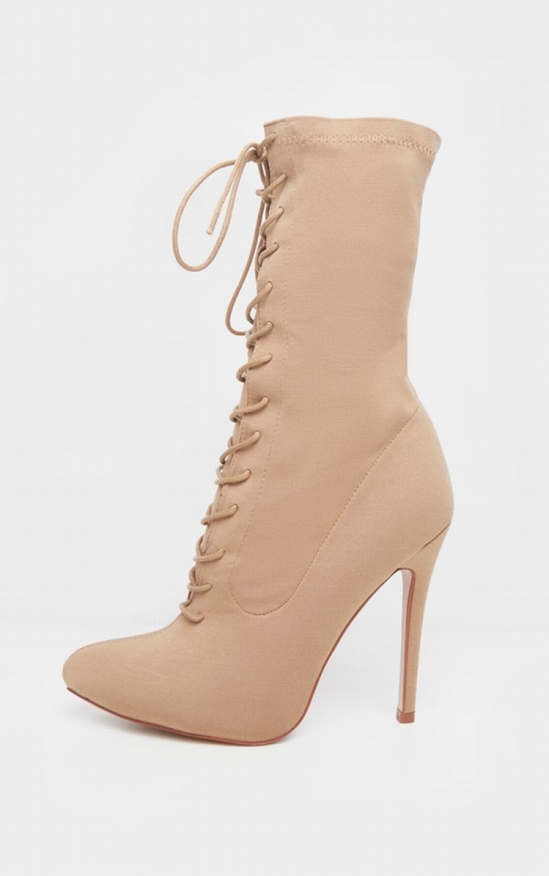 Beige Pretty Little Thing Mazy Nude Lace Up Sock Heels | WRXCHQV-32