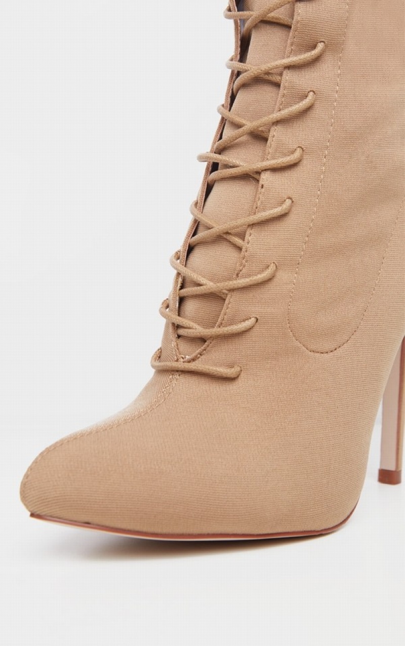 Beige Pretty Little Thing Mazy Nude Lace Up Sock Heels | WRXCHQV-32